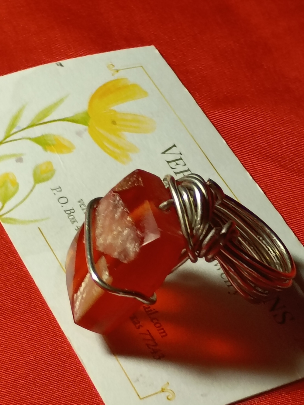 Silver-Wire Wrapped Red Crystal Statement Ring